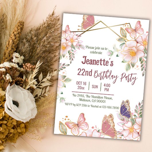 Invitation Elégant joli papillon rose floral 22e anniversaire