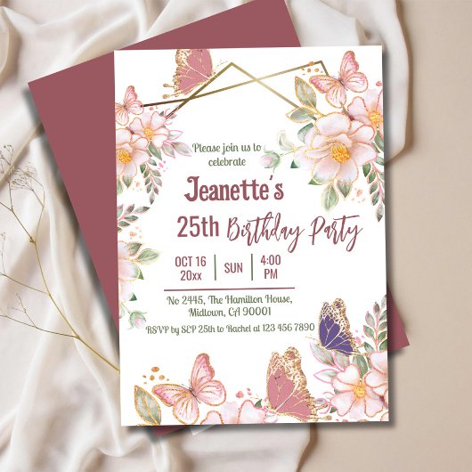 Invitation Élégant joli papillon rose floral 25e anniversaire