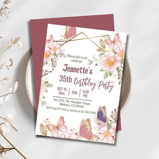 Invitation Elégant joli papillon rose floral 35e anniversaire