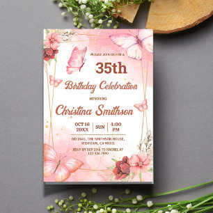 Invitation Elégant joli papillon rose floral 35e anniversaire