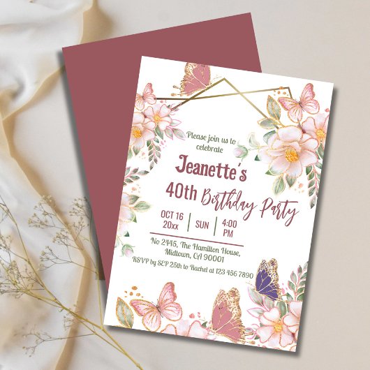 Invitation Elégant joli papillon rose floral 40e anniversaire