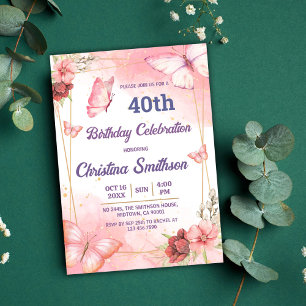 Invitation Elégant joli papillon rose floral 40e anniversaire