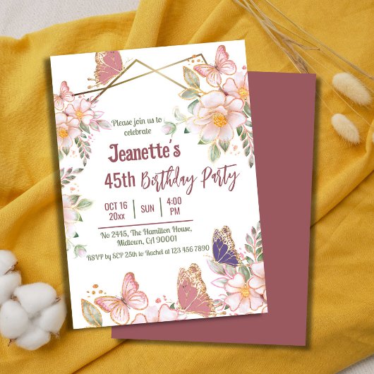 Invitation Elégant joli papillon rose floral 45e anniversaire