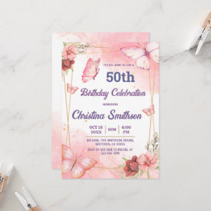 Invitation Elégant joli papillon rose floral 50e anniversaire