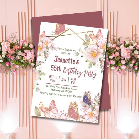 Invitation Elégant joli papillon rose floral 55e anniversaire