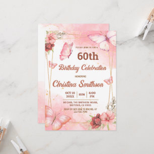 Invitation Élégant joli papillon rose floral 60e anniversaire