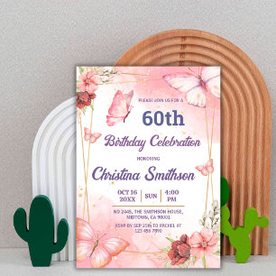 Invitation Élégant joli papillon rose floral 60e anniversaire