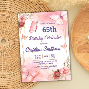 Invitation Élégant joli papillon rose floral 65e anniversaire