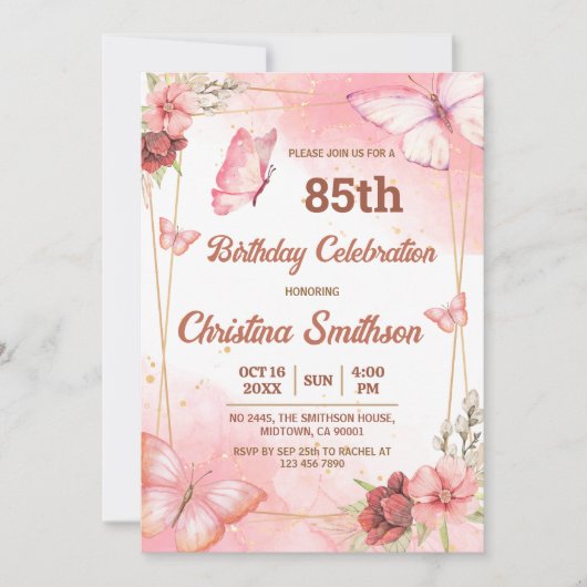 Invitation Elégant joli papillon rose floral 85e anniversaire (Devant)
