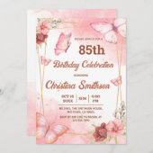 Invitation Elégant joli papillon rose floral 85e anniversaire (Devant / Derrière)