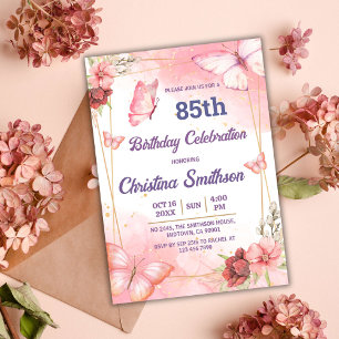 Invitation Elégant joli papillon rose floral 85e anniversaire