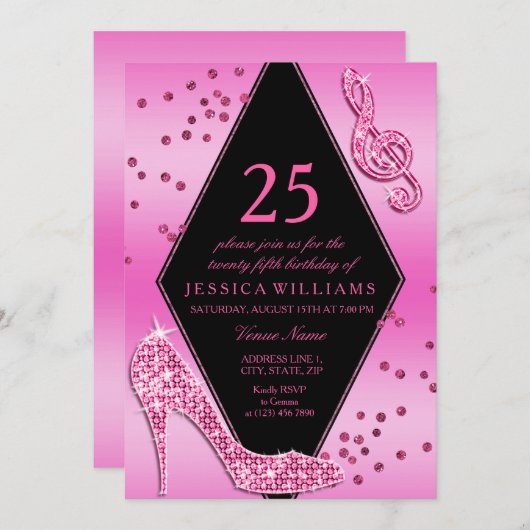 Invitation Élégant joli rose brillant 25e anniversaire (Devant / Derrière)