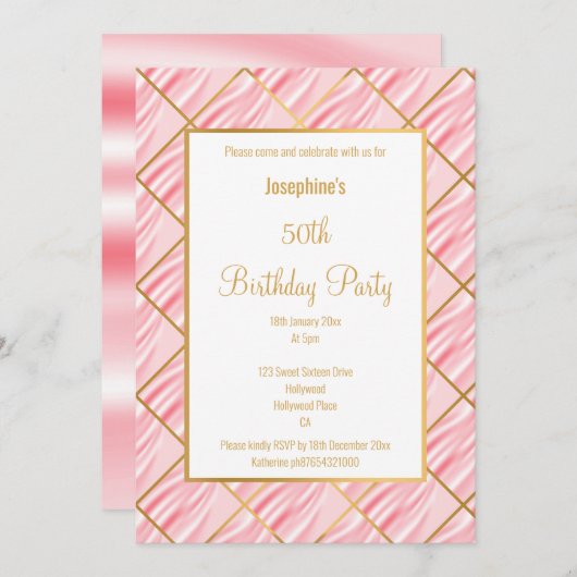 INVITATION ÉLÉGANT JOLIE ROSE SATIN OR ANNIVERSAIRE INVITATIO (Devant / Derrière)