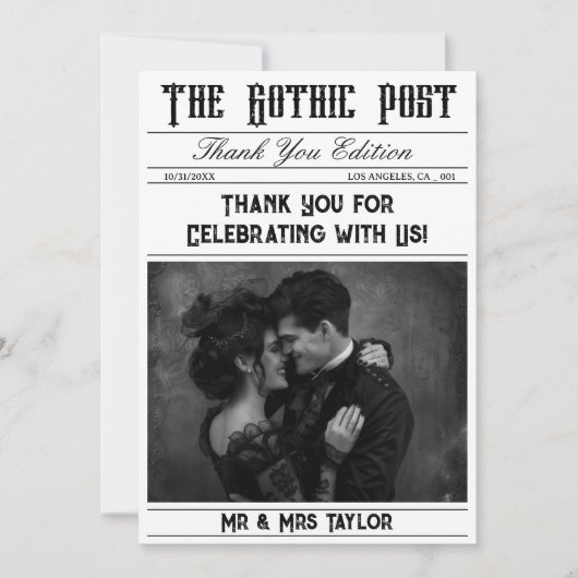 Invitation Élégant journal gothique Merci photo (Devant)