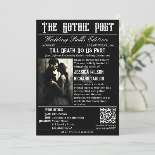 Invitation Élégant journal gothique Photo Mariage noir (Debout devant)