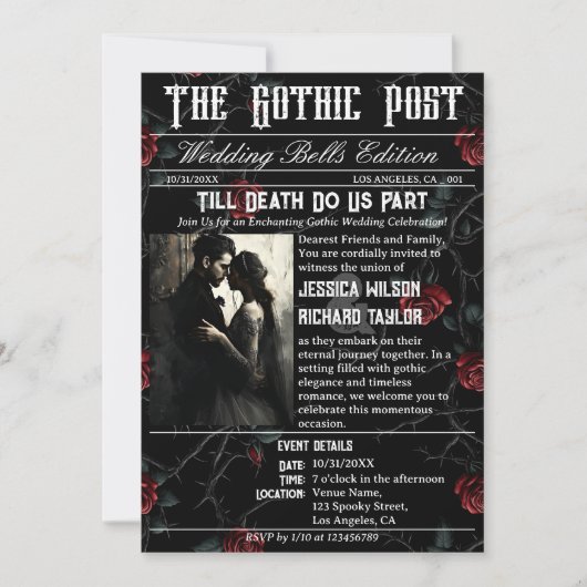Invitation Élégant journal gothique Rose Photo Mariage noir (Devant)