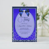 Invitation Elégant Joyau Bleu Bow & Confetti Anniversaire (Debout devant)