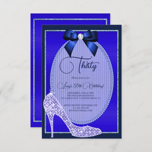 Invitation Elégant Joyau bleu Bow & Stiletto Anniversaire (Devant / Derrière)