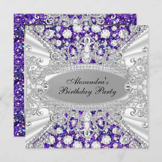 Invitation Elégant Joyau de Diamant Violet Anniversaire Invit (Devant / Derrière)