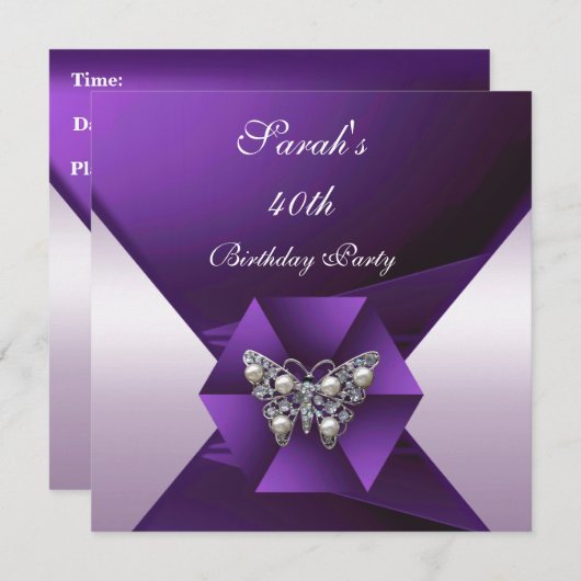 Invitation Elégant joyau de perle violet 40e anniversaire (Devant / Derrière)