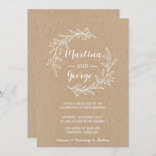 Invitation Élégant kraft rustique minimal mariage feuille (Devant / Derrière)