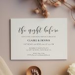 Invitation Élégant La nuit avant le dîner de répétition<br><div class="desc">La veille...  Assurez-vous que tout est parfait pour le grand jour; recevez des invitations modernes pour votre dîner de répétition mariage. Une collection design et élégante,  idéale pour une mariage moderne et chic. Couleurs de texte entièrement personnalisables.</div>