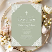 Invitation Elegant Lace Sage Green Baptism