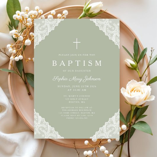Invitation Elegant Lace Sage Green Baptism