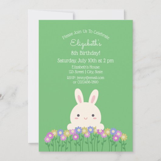 Invitation Élégant lapin mignon et fleurs Sage Vert Anniversa (Devant)