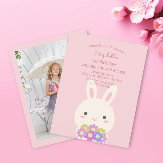Invitation Elégant lapin rose et Fleurs fille Anniversaire Ph