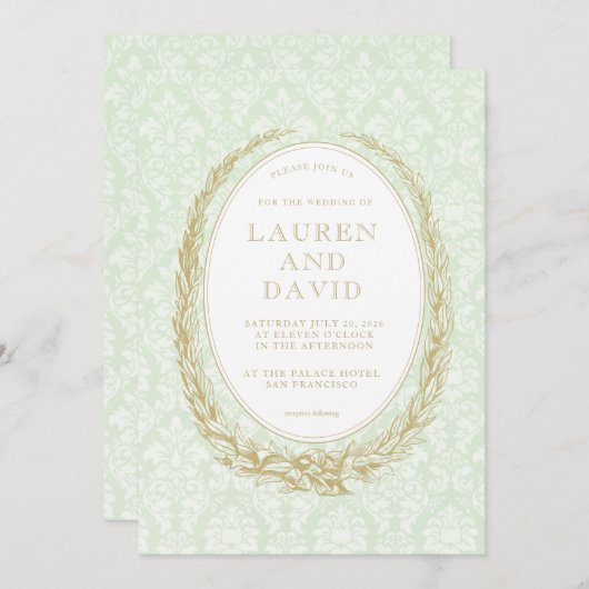 Invitation Elegant Laurel Wreath | Damas vert (Devant / Derrière)
