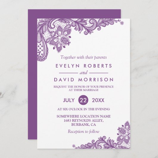 Invitation Élégant Lavande de dentelle violet blanc Mariage o (Devant / Derrière)
