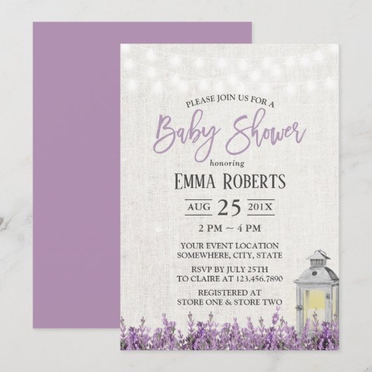Invitation Élégant Lavande Florale Baby shower blanc lanterne (Devant / Derrière)