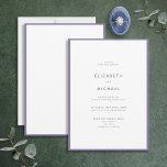 Invitation Élégant Lavande Lilac et Mariage de typographie bl<br><div class="desc">Un magnifique faire-part de mariage de typographie pour un été ou un mariage de automne ! Ce magnifique design élégant présente un bord de lavande lilas autour d'une invitation blanche, avec une typographie moderne en noir doux. Un design simple et minimaliste. Merci tellement pour soutenir notre petite entreprise, nous l'apprécions...</div>