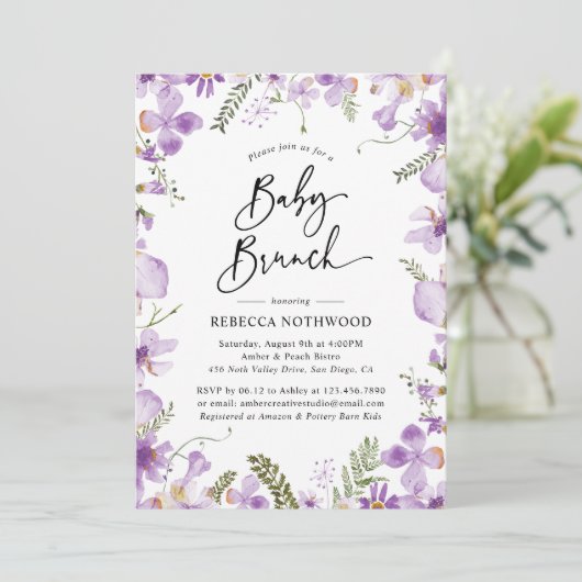 Invitation Élégant Lavande Lilac Florals Baby Brunch (Debout devant)