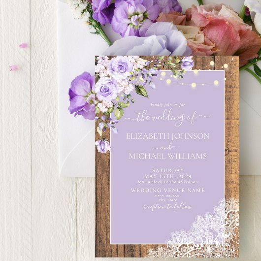 Invitation Élégant Lavande Lilac Rustique Mariage de dentelle