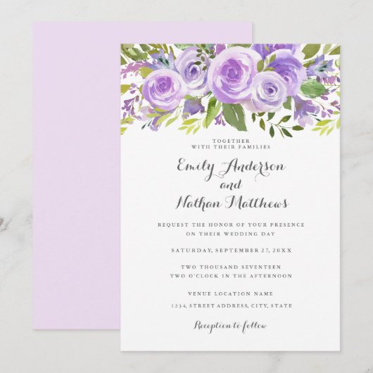 Invitation Élégant Lavande violette Rose Floral Mariage (Devant / Derrière)