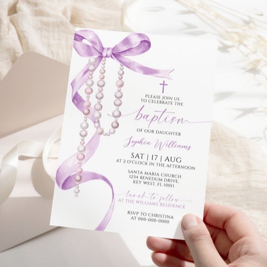 Invitation Élégant Lavender Bow & Rosary Baptisme