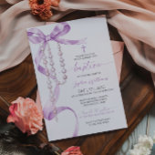 Invitation Élégant Lavender Bow & Rosary Baptisme