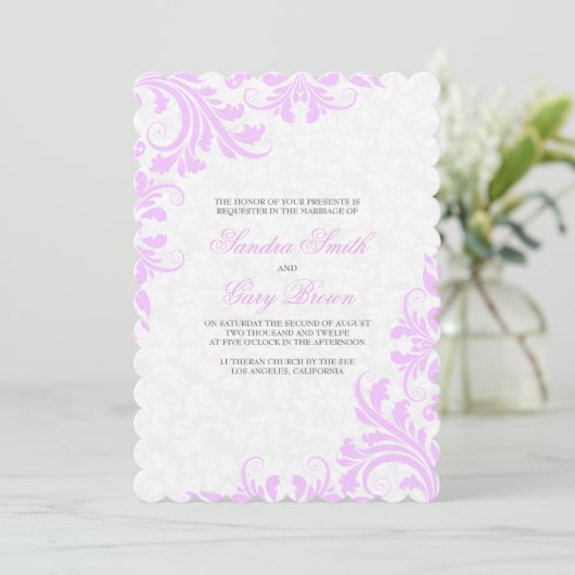 Invitation Élégant Lavender Lace Blanche Damas Mariage (Debout devant)