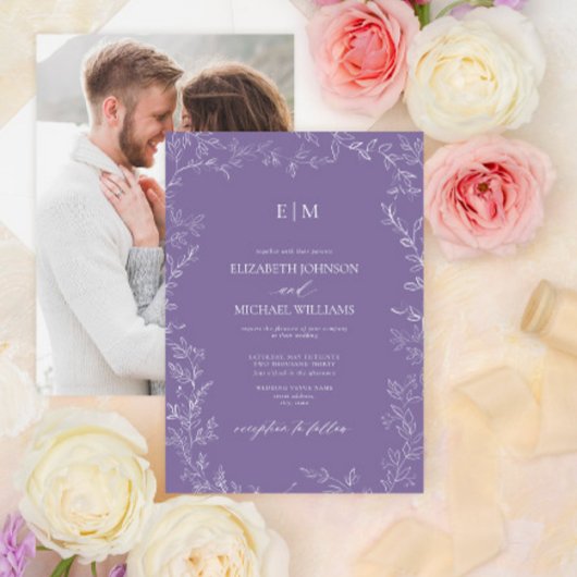 Invitation Élégant Lavender Leaf Photo Monogramme Mariage