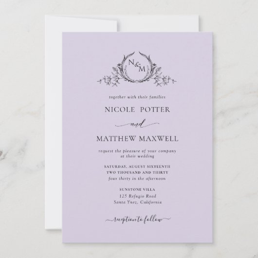 Invitation Élégant Lavender Monogram Mariage (Devant)