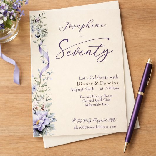 Invitation Elegant Lavender Wildflower Script 70th Birthday