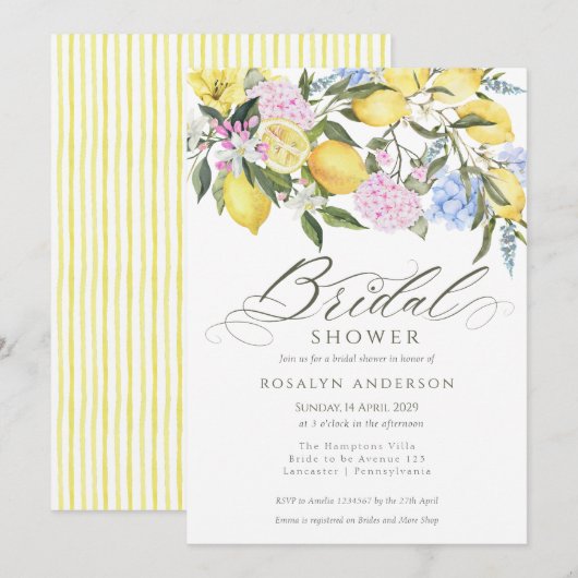 Invitation Elegant Lemon Floral Citrus Bridal Shower (Devant / Derrière)