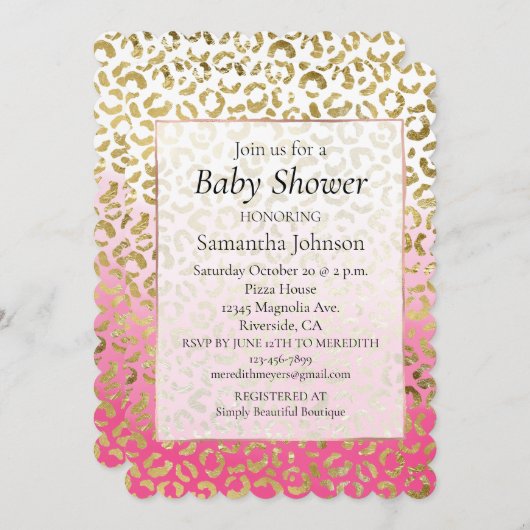 Invitation Élégant Leopard blanc rose-rose (Devant / Derrière)