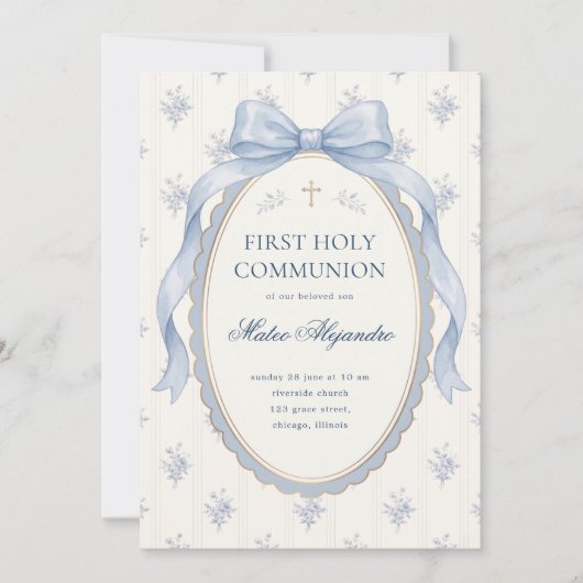 Invitation Elegant Light Blue Coquette Bow Floral First Holy  (Devant)