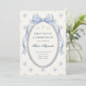 Invitation Elegant Light Blue Coquette Bow Floral First Holy  (Debout devant)