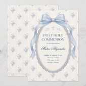 Invitation Elegant Light Blue Coquette Bow Floral First Holy  (Devant / Derrière)