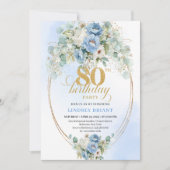 Invitation Elegant Light Blue Peony Floral Gold 80th Birthday (Devant)