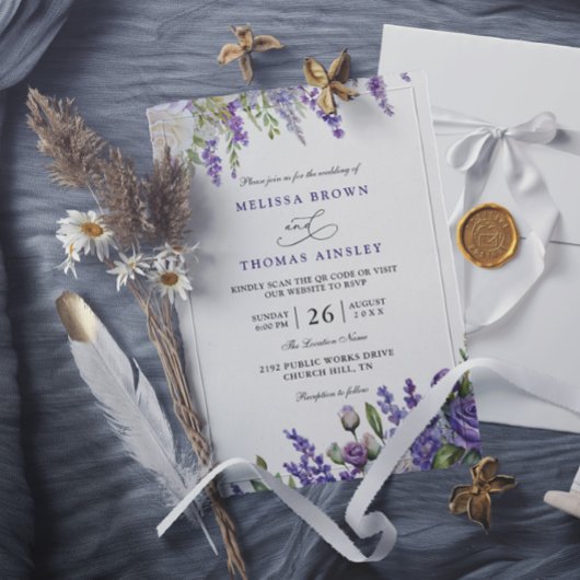 Invitation Elegant Light Purple Lavender QR Code Wedding